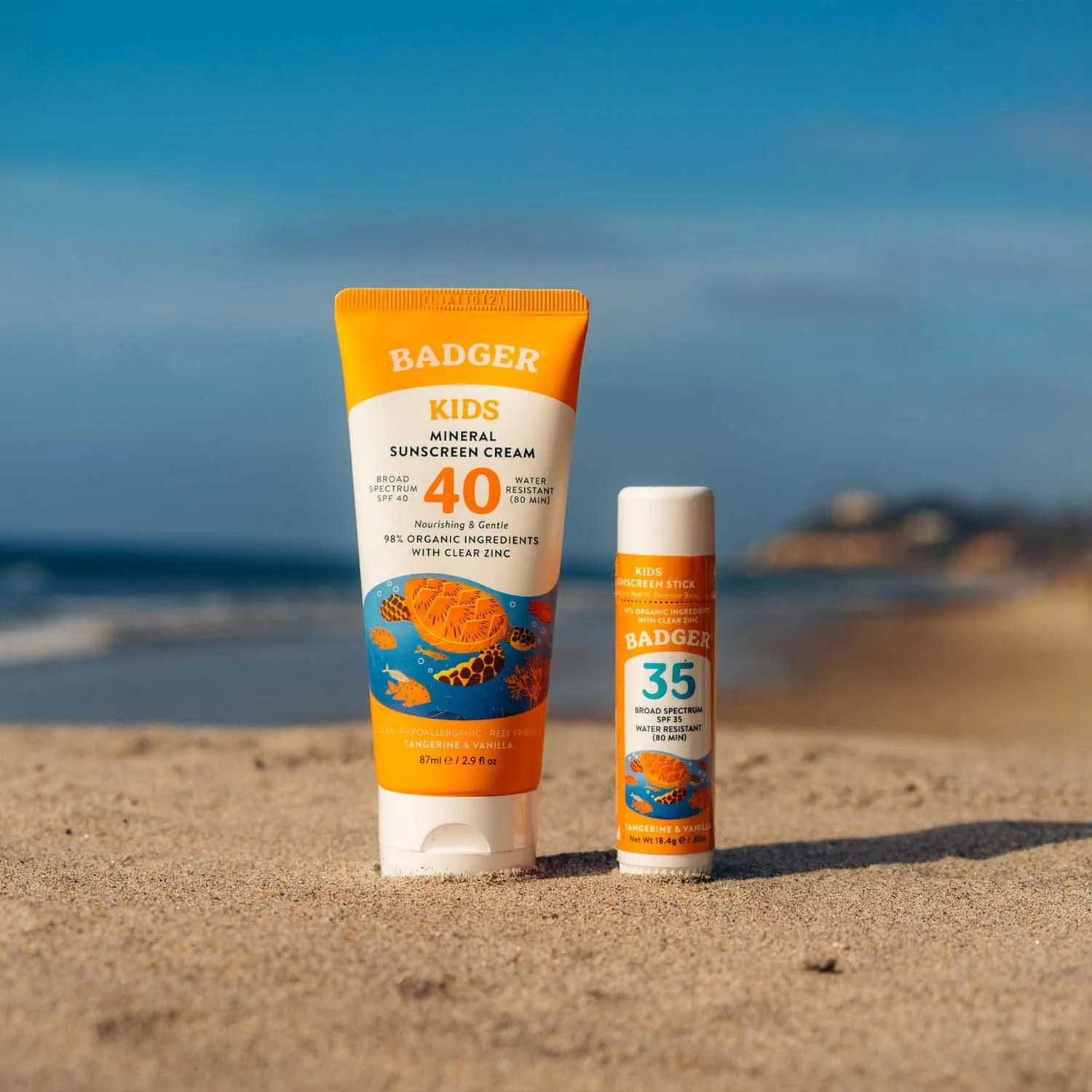 Badger Kids Mineral Sunscreen Combo, SPF 40 Cream and SPF 35 Face Stick, Reef Safe Broad Spectrum Water Resistant with Zinc Oxide, Tangerine and Vanilla