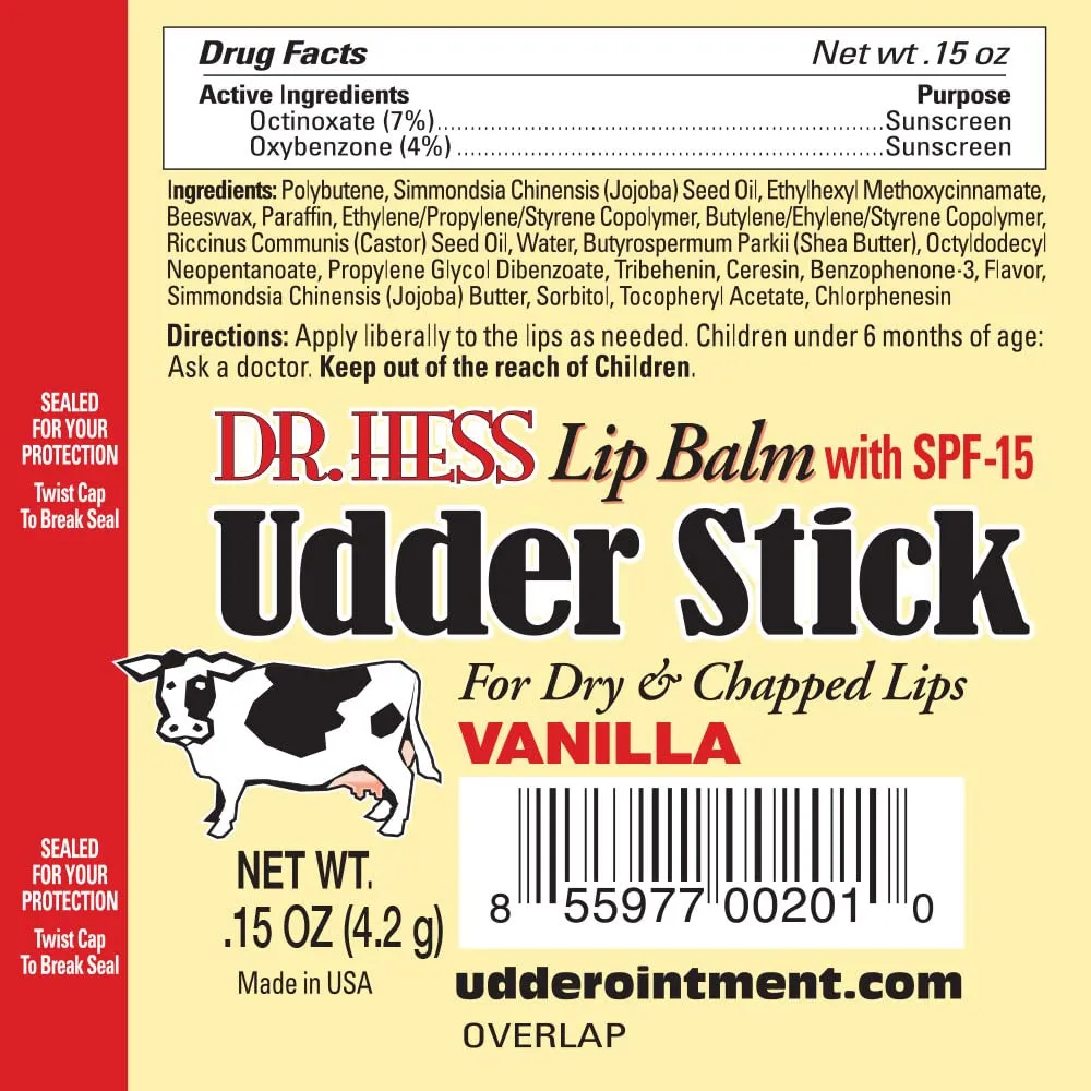 Dr. Hess Original Udder Stick SPF Lip Balm, Soothing Moisturizer Sun Screen Balm for Dry Lips with Jojoba, Beeswax & Shea Butter, Total Lip Care, Hydration & Repair, Vanilla Flavor, 4 Pack