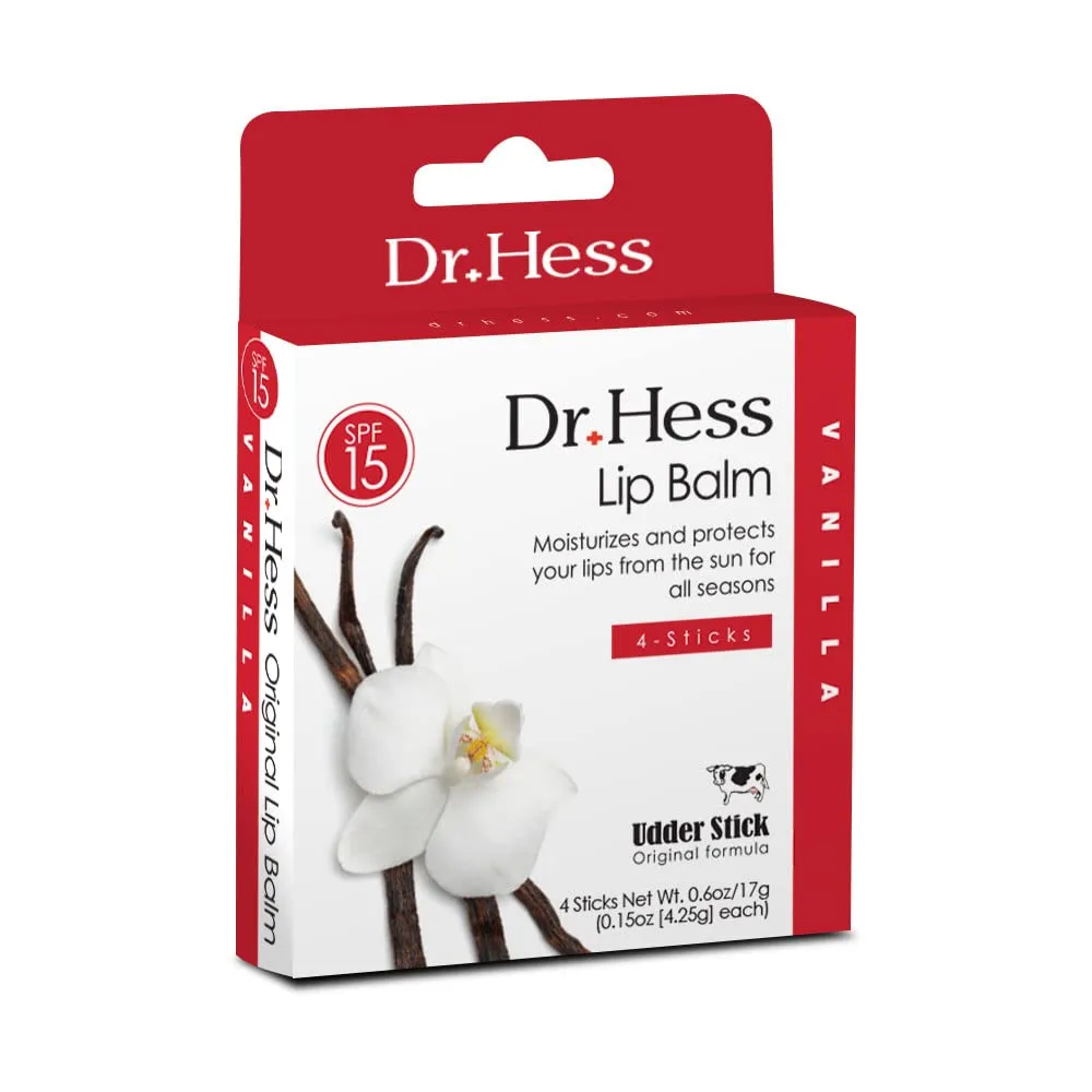 Dr. Hess Original Udder Stick SPF Lip Balm, Soothing Moisturizer Sun Screen Balm for Dry Lips with Jojoba, Beeswax & Shea Butter, Total Lip Care, Hydration & Repair, Vanilla Flavor, 4 Pack