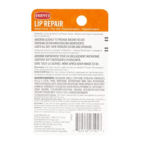 O'Keeffe's Cooling Relief Lip Repair Lip Balm for Dry Cracked Lips, Instant Cooling Relief, Seven Moisturizing Ingredients, Stick, (Pack of 1), K1710120